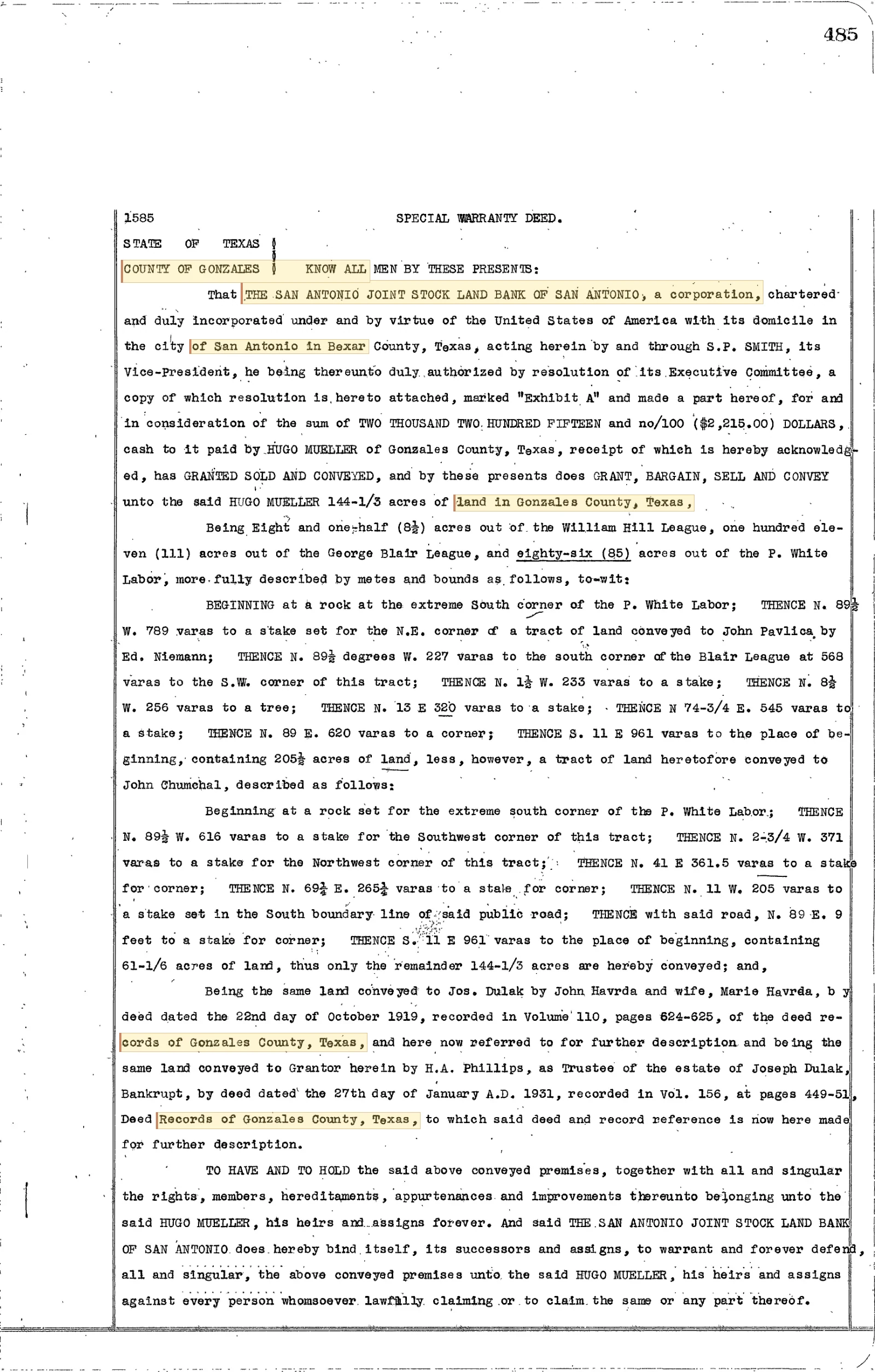 The San Antonio And Aransas Pass Railway Company - Recorded Warranty Deed (Vol. 171, Page 485)