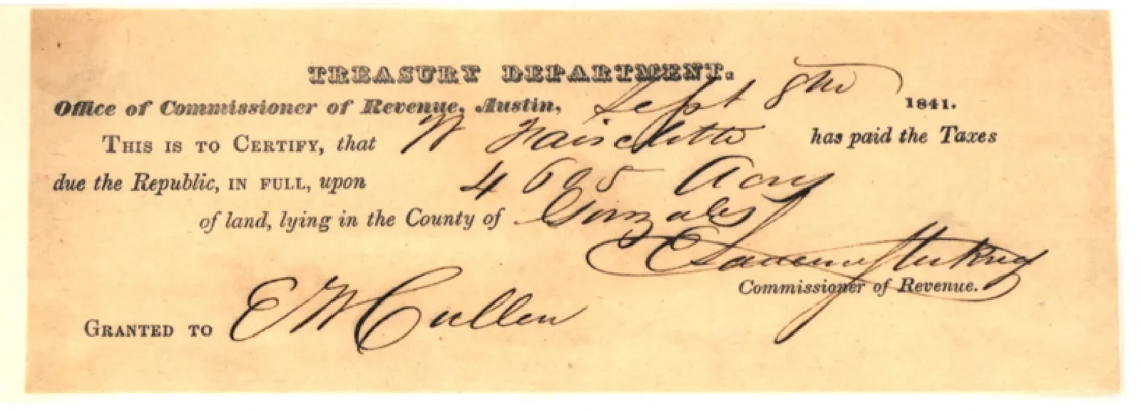 Cullen, Ezekiel W Original Cursive Land Grant & Field Notes (Gonzales County, Abstract A-149)